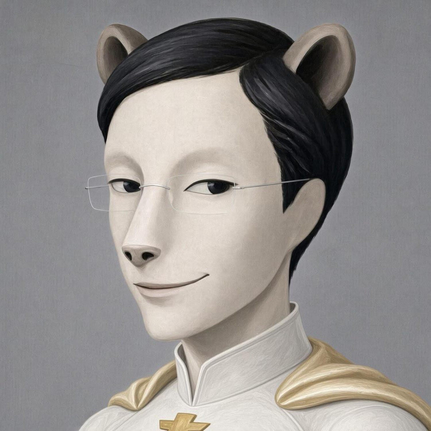 Painted portrait of a pale figure with bear ears, rimless glasses, black hair, and a white uniform with a gold mantle