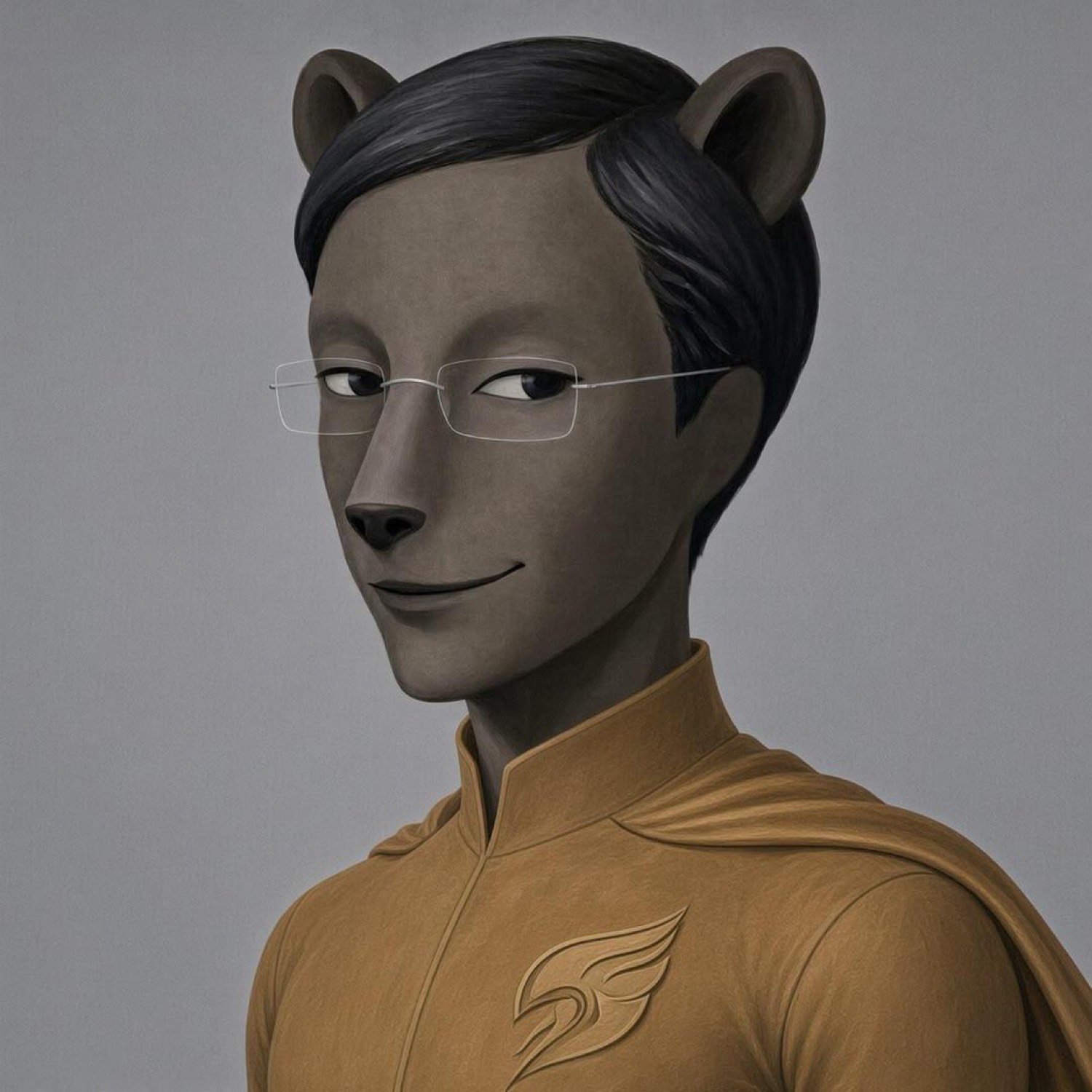 Painted portrait of a taupe figure with bear ears, rimless glasses, and a tan jacket with a wing emblem