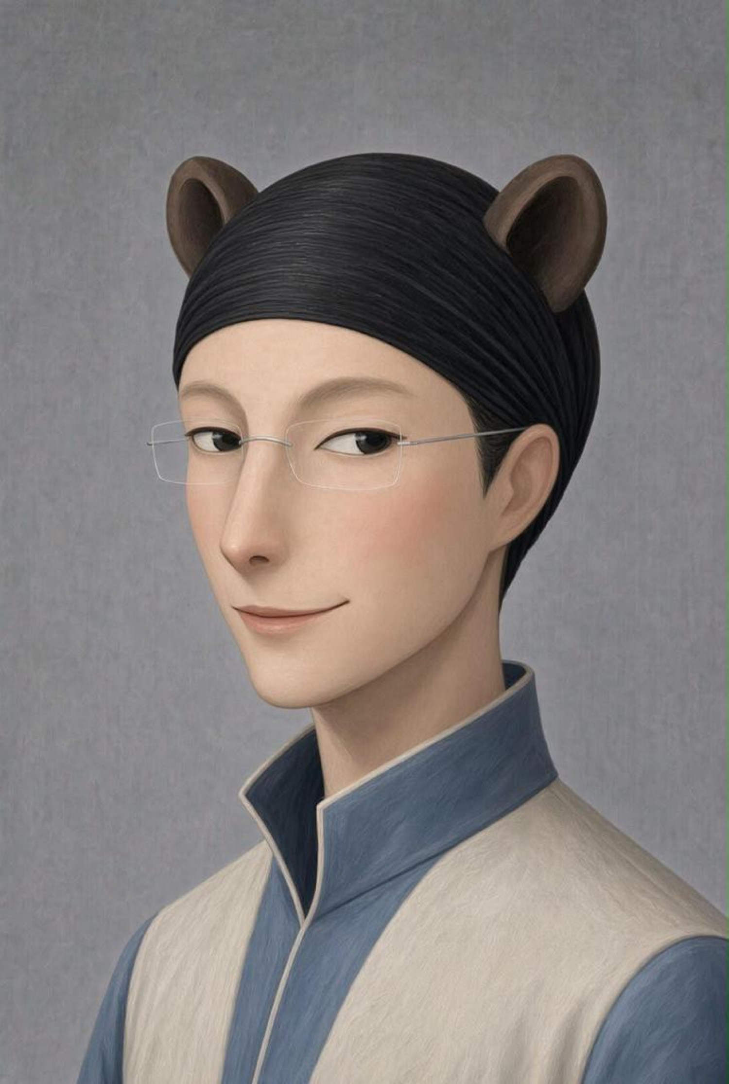 Painted portrait of a figure with bear ears, rimless glasses, wrapped black hair, and a blue and cream vest