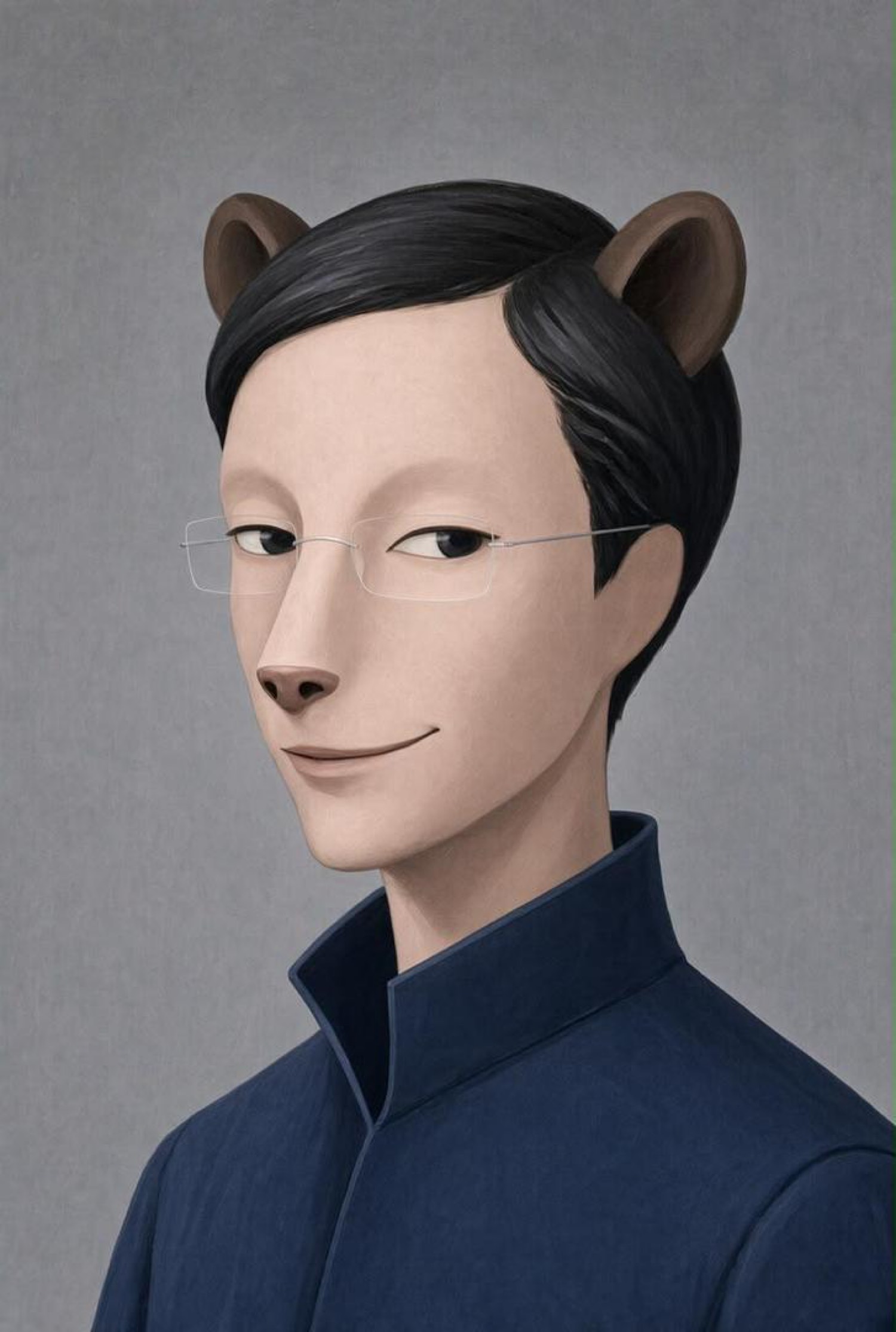 Painted portrait of a figure with bear ears, rimless glasses, black hair, and a navy high-collar jacket